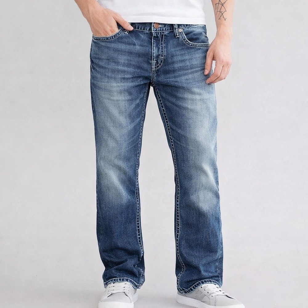 BKE Derek Bootcut Jeans Mens 36R Medium Wash Thick Stitch Denim Blue - Picture 12 of 14